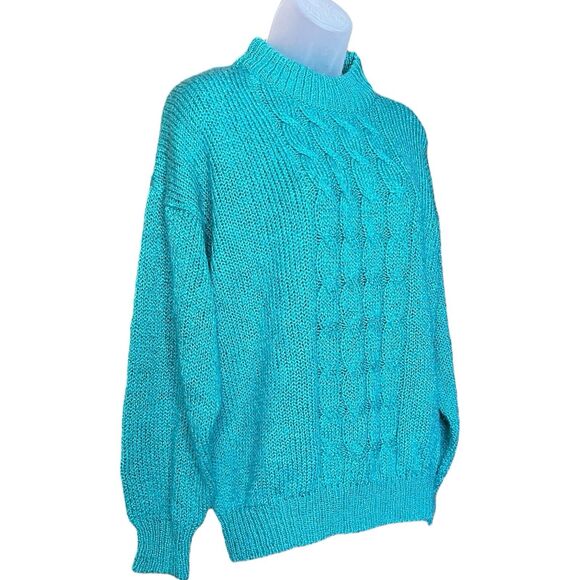 Vtg 80s Bristol Court Green Mock Neck Cableknit Grandma Sweater Sz M Chunky Knit - Picture 6 of 9